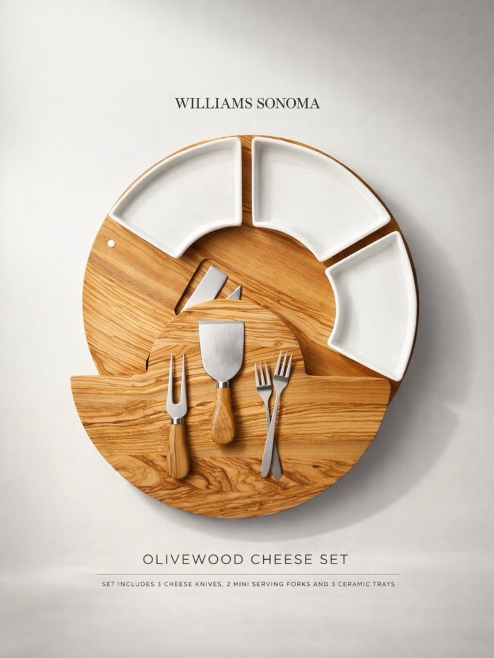 Williams Sonoma Olivewood Cheese Board with White Ceramic Dishes